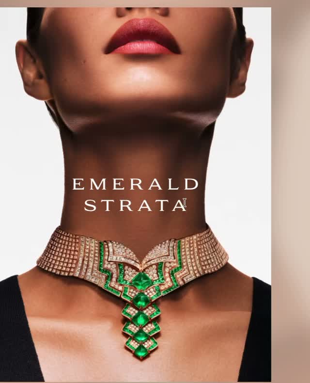 Emerald Strata — model wearing the high-jewellery necklace